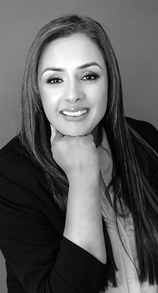 Black-and-white portrait of Shazia Ali.